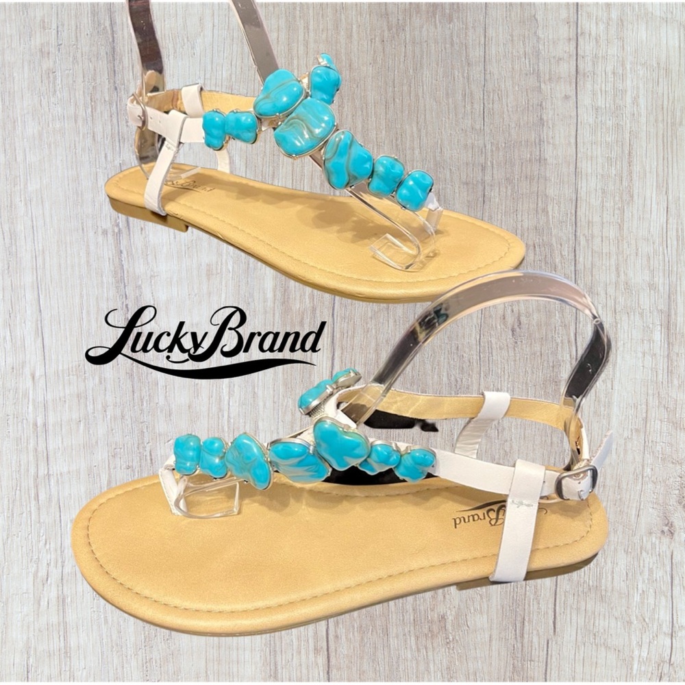 Lucky Brand White Leather Sandals with Turquoise Accent